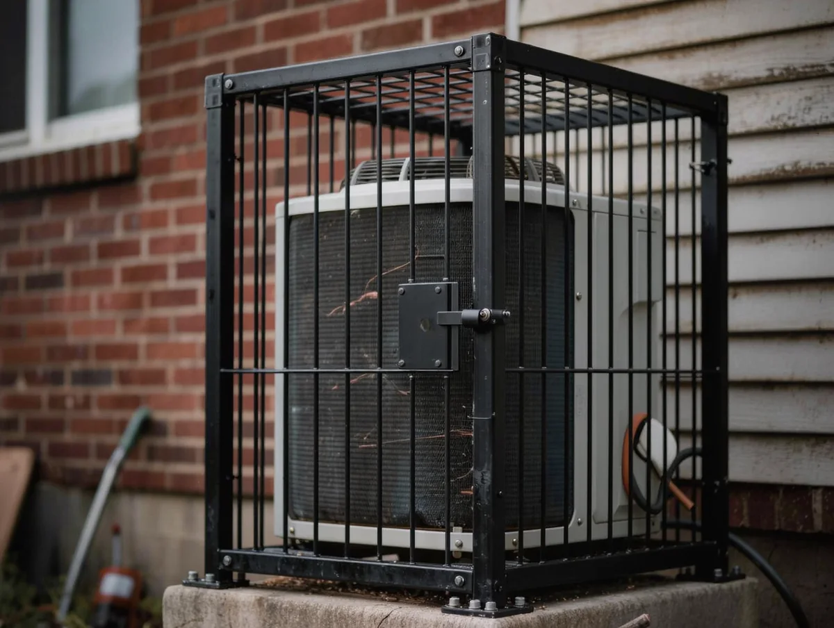 A welded black steel security cage protecting a residential air conditioner condenser