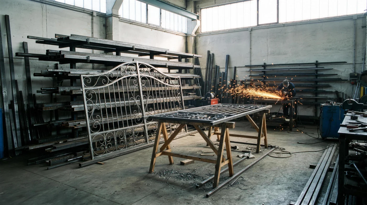 An ornamental gate being fabricated in the Capital M shop