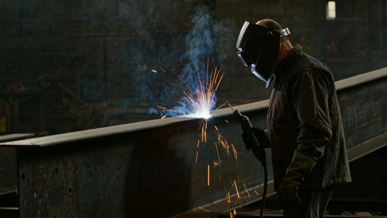 A Capital M welder laying a bead on a steel beam with sparks flying