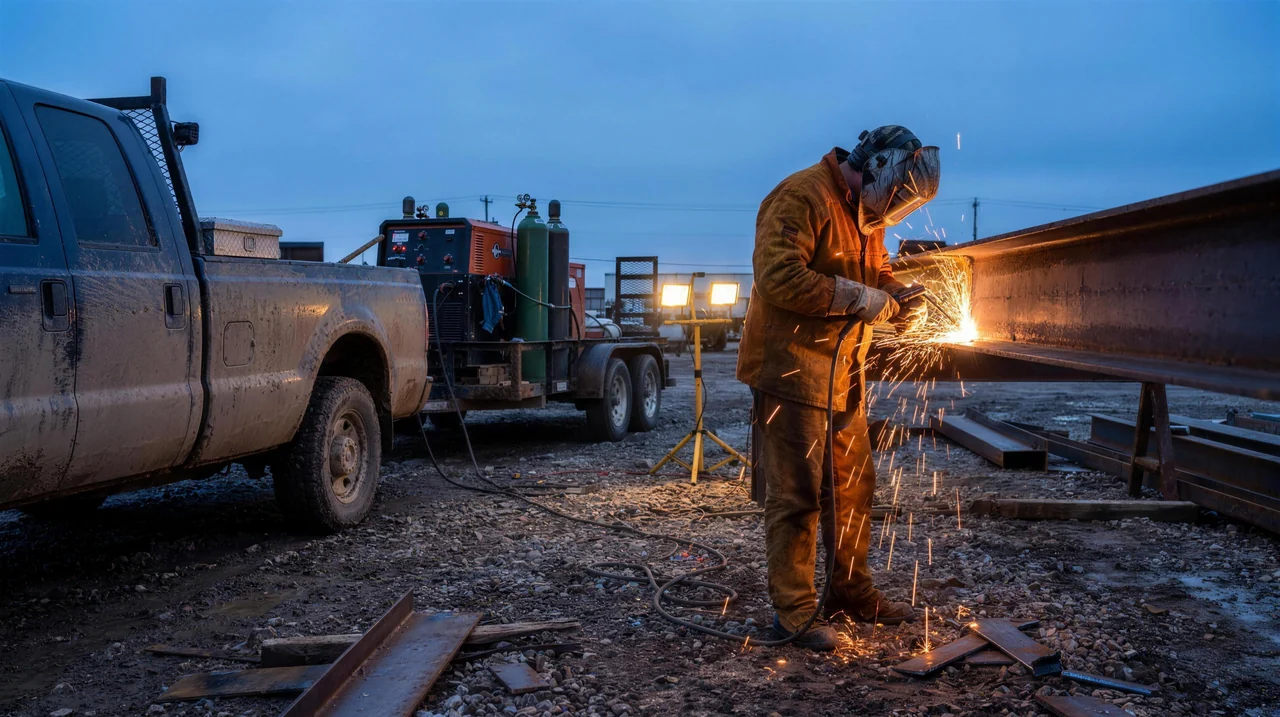 Portable welding rig, gas bottles and work lights set up for an on-site repair at dusk