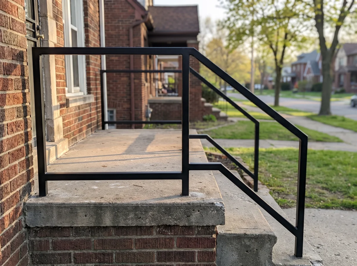 A custom welded black steel handrail on the exterior steps of a Detroit home