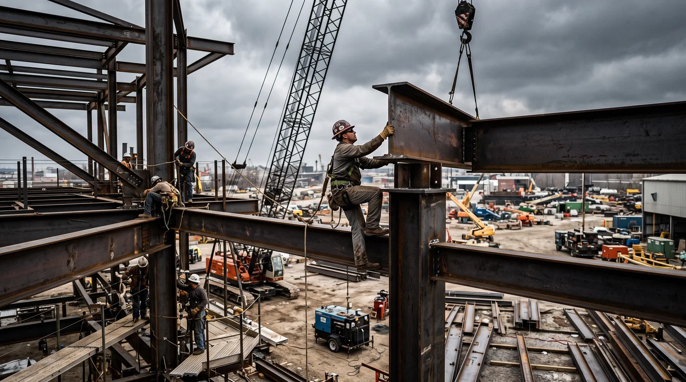 Structural steel beams and columns being fabricated and erected at a Detroit job site