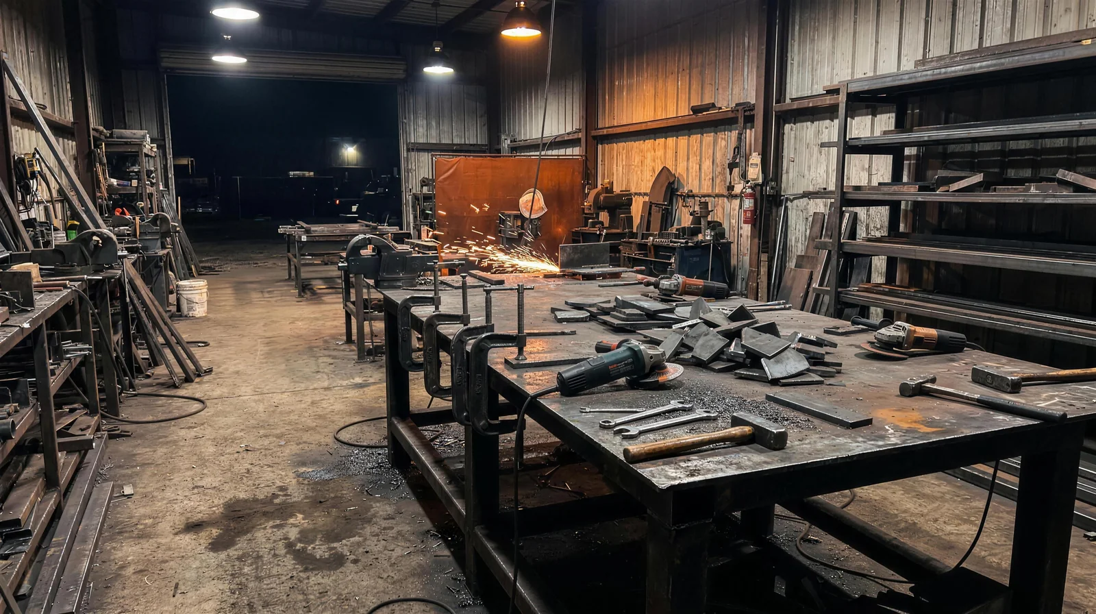 Inside the Capital M metal fabrication workshop with welding table, tools and steel stock