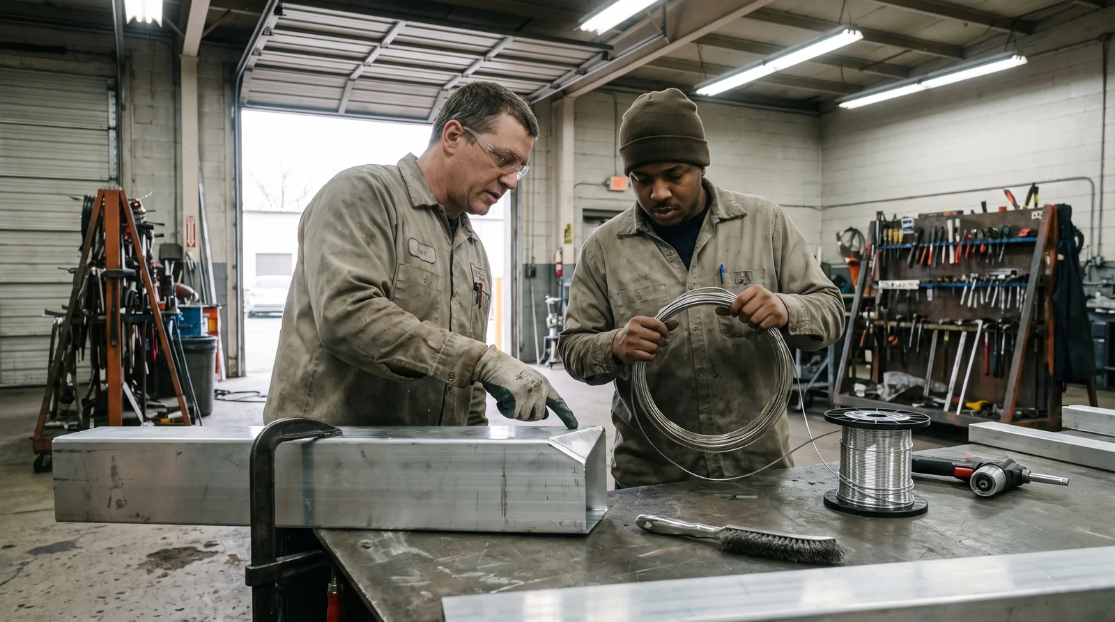 Two metal fabricators in a workshop inspect aluminum square tubing and welding wire on a layout table.