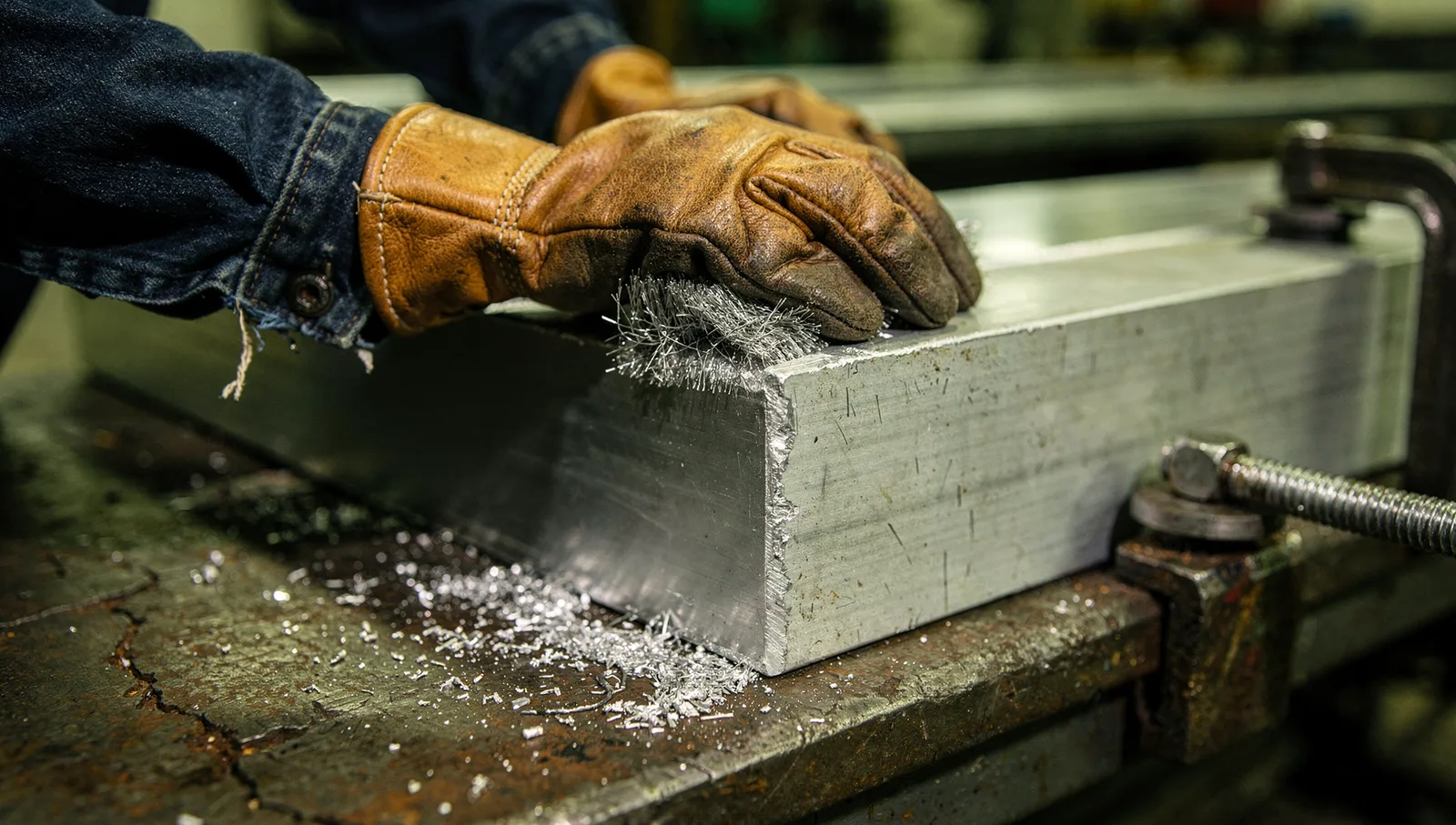 Fabricator brushing the clamped joint of thick aluminum plates with a wire brush at a steel workbench.