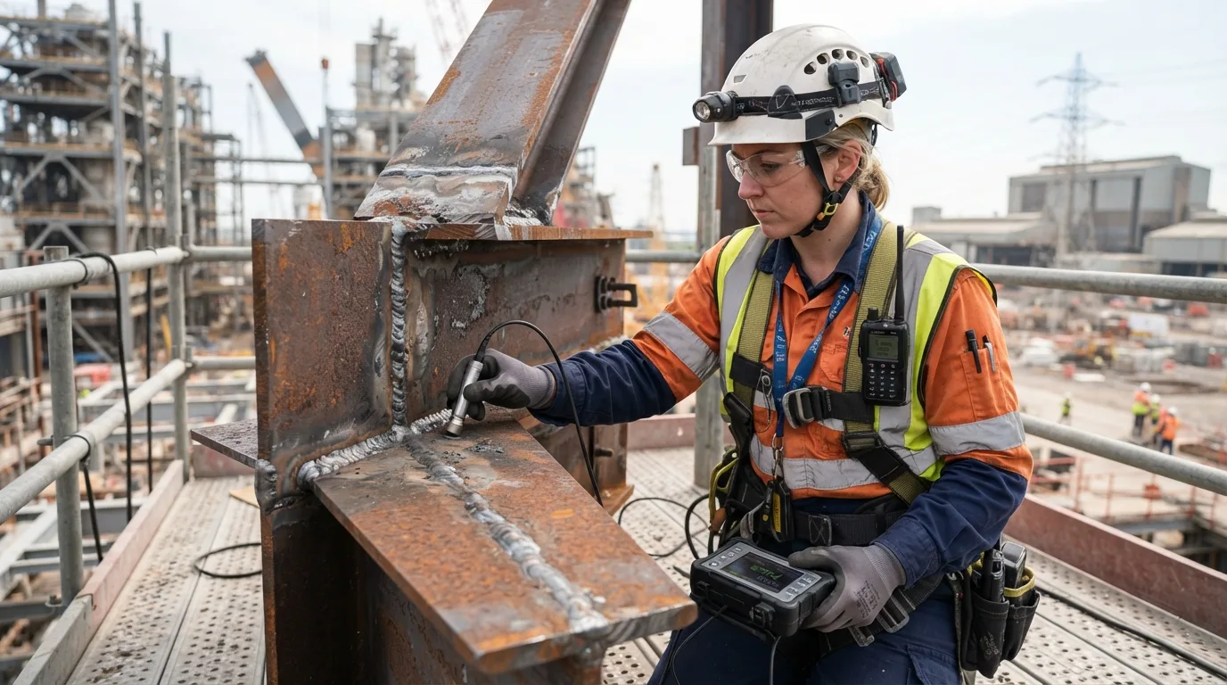 Technician in protective gear examining large steel weld joint with handheld inspection tool