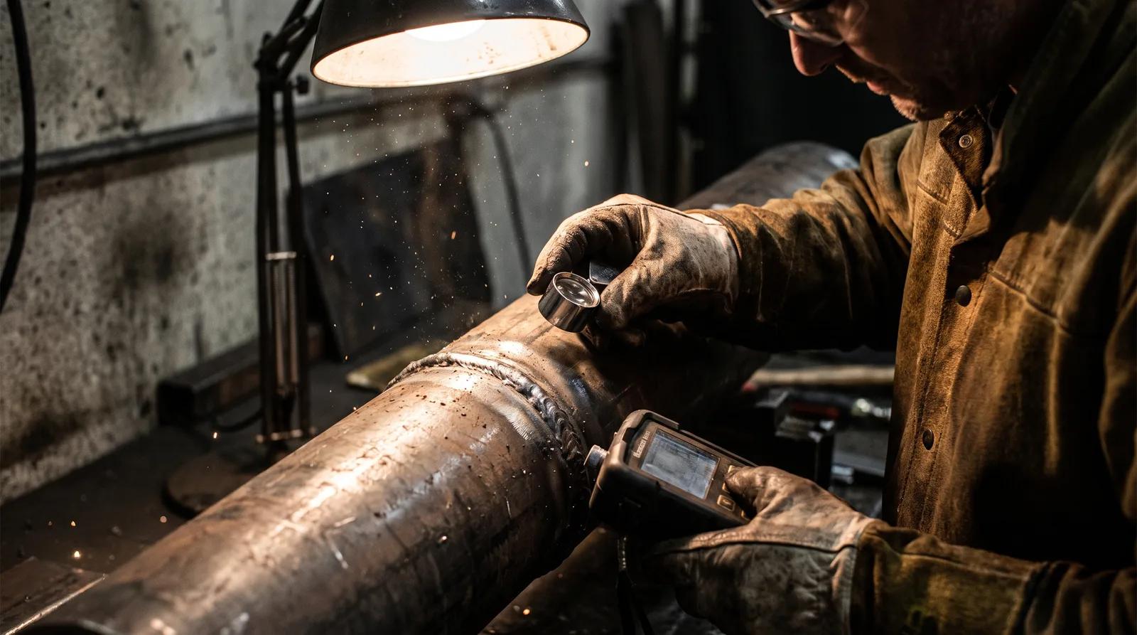 Welder inspecting welded metal joint with magnifying glass and handheld testing equipment under bright workshop