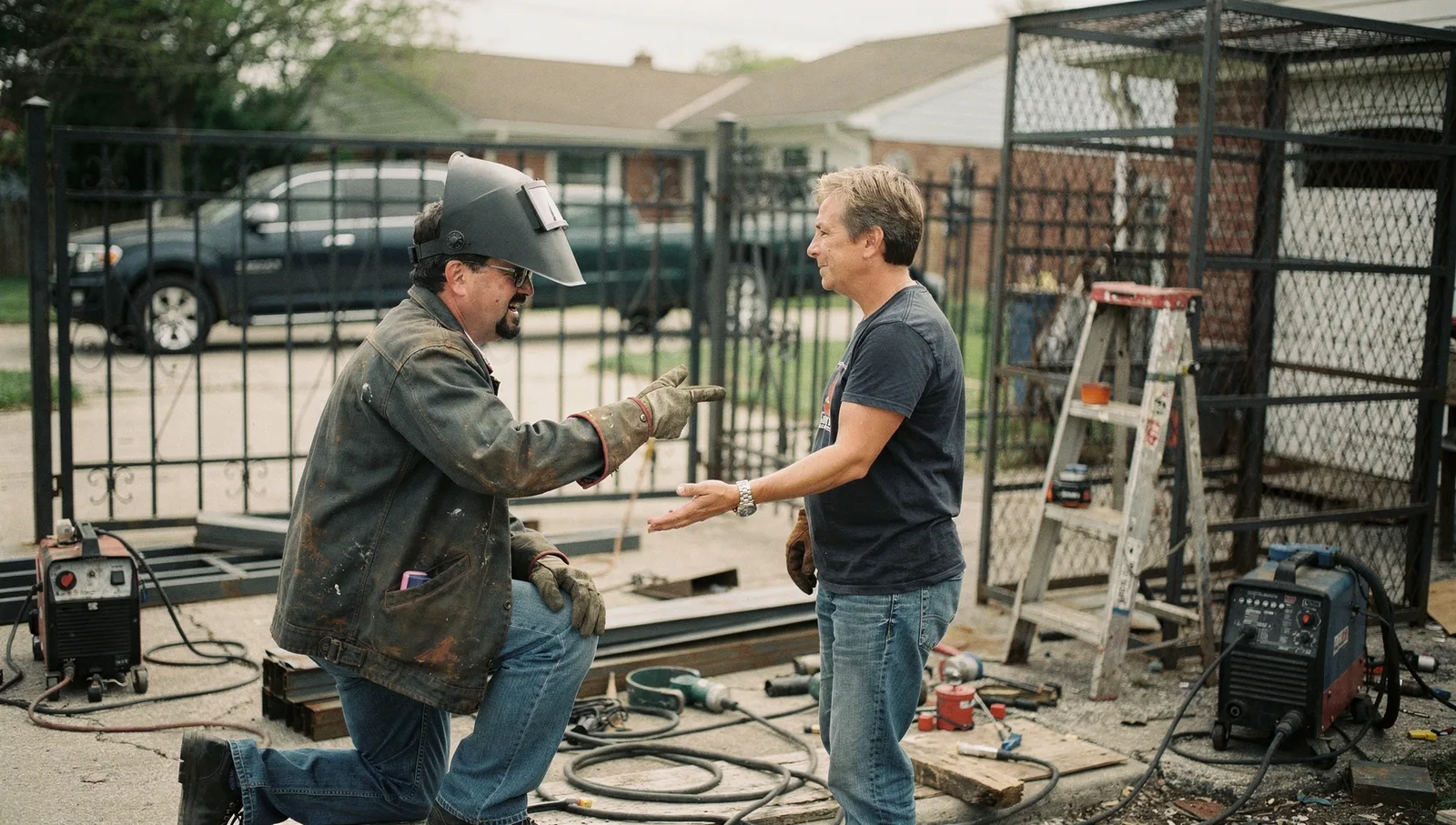 Fabricator and client discussing custom metal driveway gate design in a welding workshop with steel tools and materials.