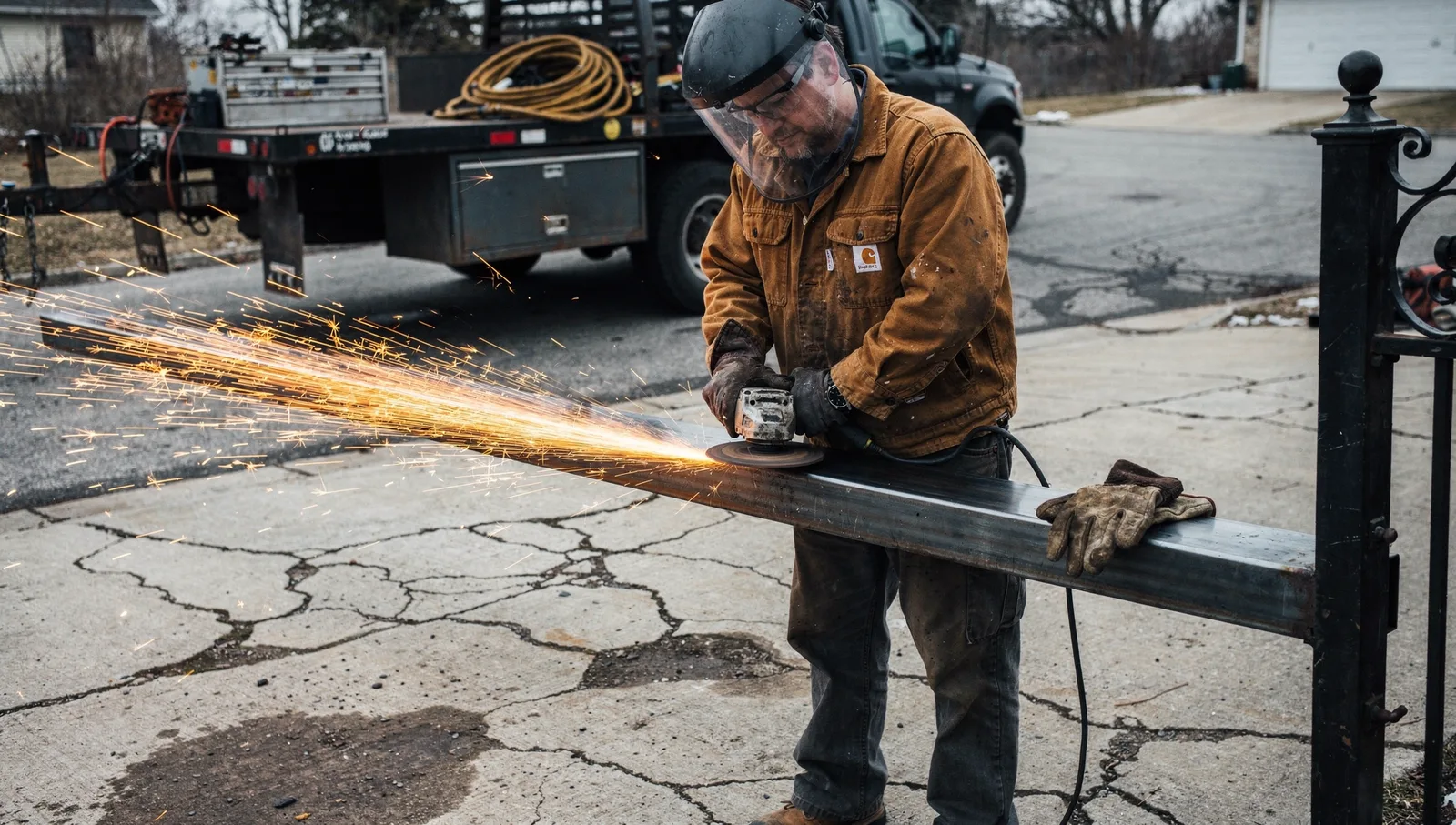 A fabricator grinding a raw steel driveway gate frame with an angle grinder, sending sparks across the driveway.