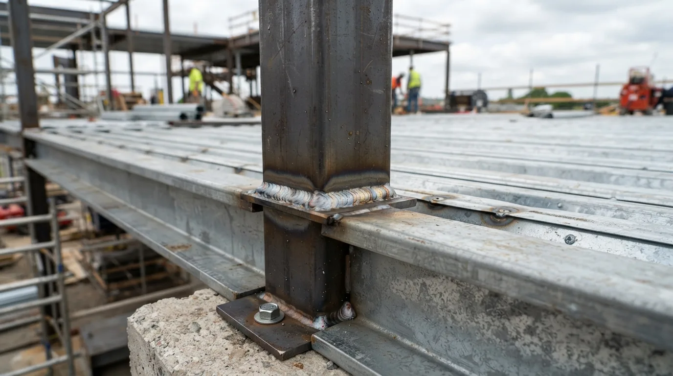 Close-up of a precision T-joint weld connecting a structural steel post to an outdoor metal deck frame.