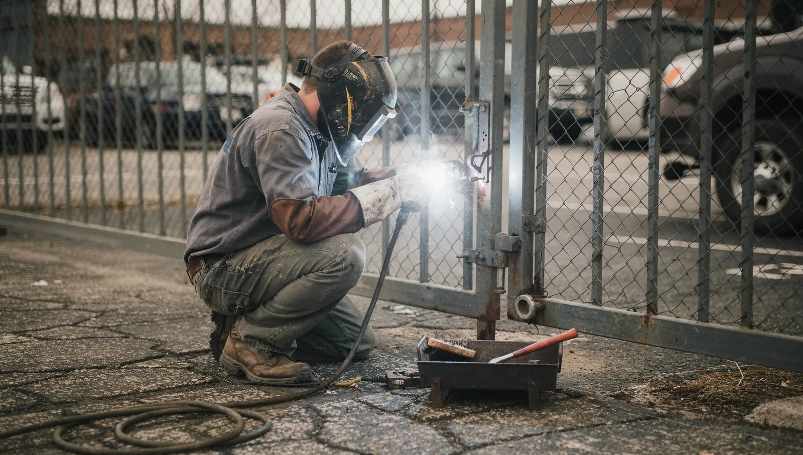 A mobile welder strikes a stick arc on a damaged steel gate hinge in an outdoor industrial parking lot.