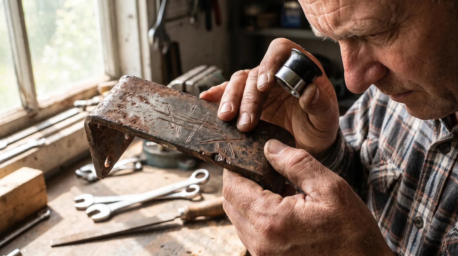 Homeowner's hands examining weathered metal surface with visible wear and damage in workshop, holding inspection tools