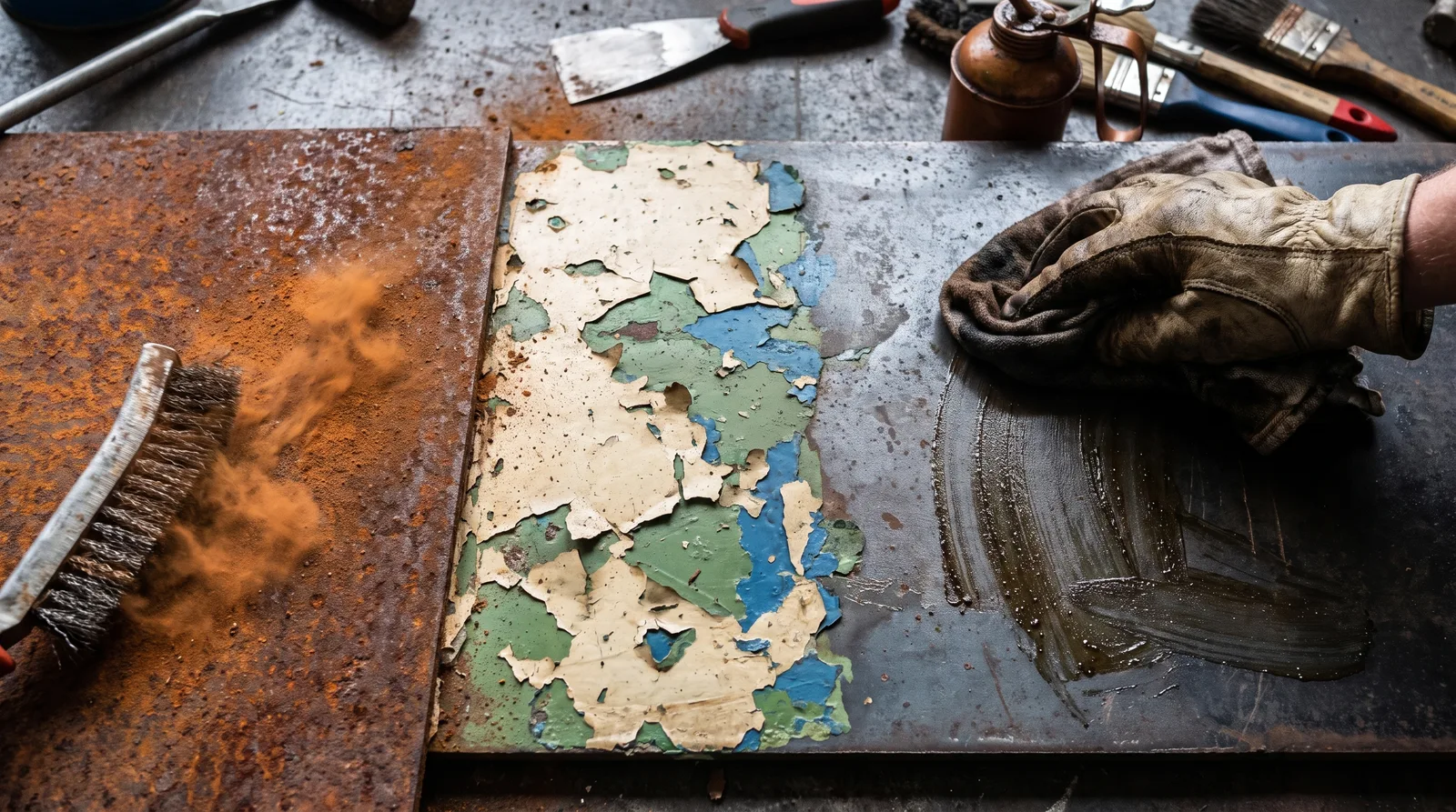 Overhead close-up of metal surfaces at different prep stages: rust being wire-brushed, flaking paint, and gloved hand