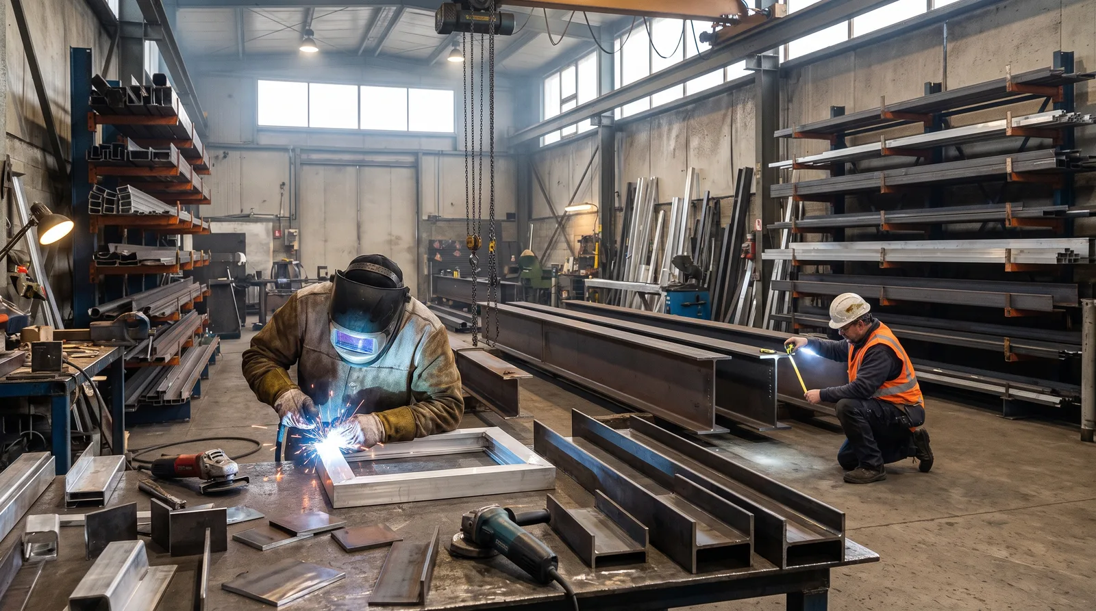 Industrial workshop with welders and fabricators working on steel and aluminum at multiple stations, material samples