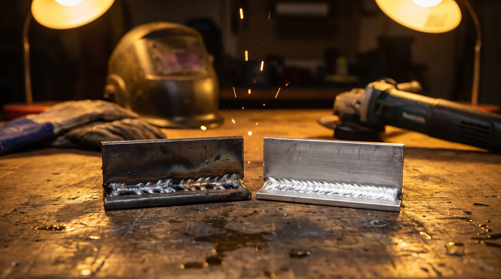 Freshly welded steel and aluminum samples side-by-side on workbench with contrasting weld beads, sparks mid-air, and