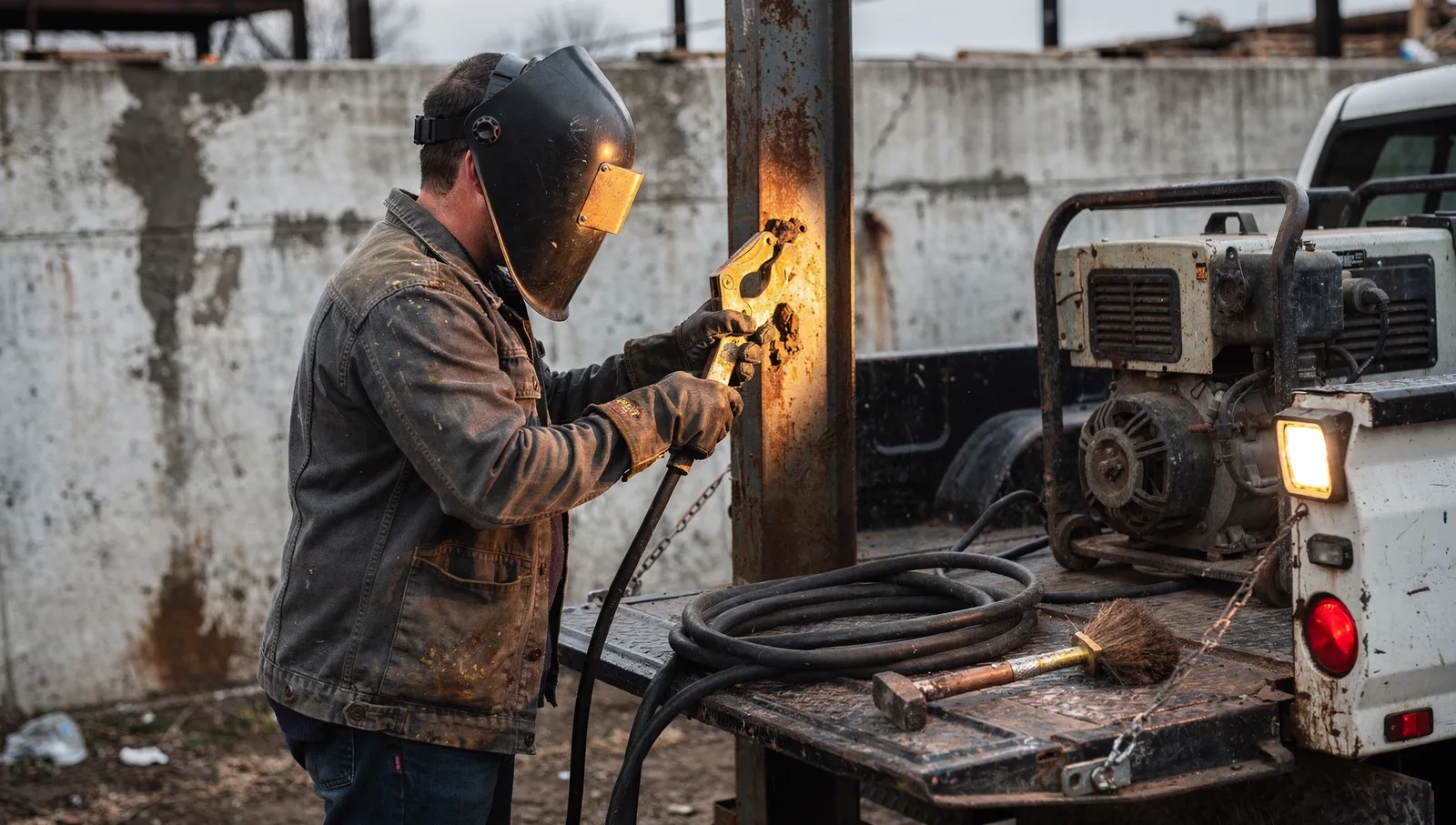 A welder attaching a brass ground clamp to a structural steel column near the tailgate of a utility truck.