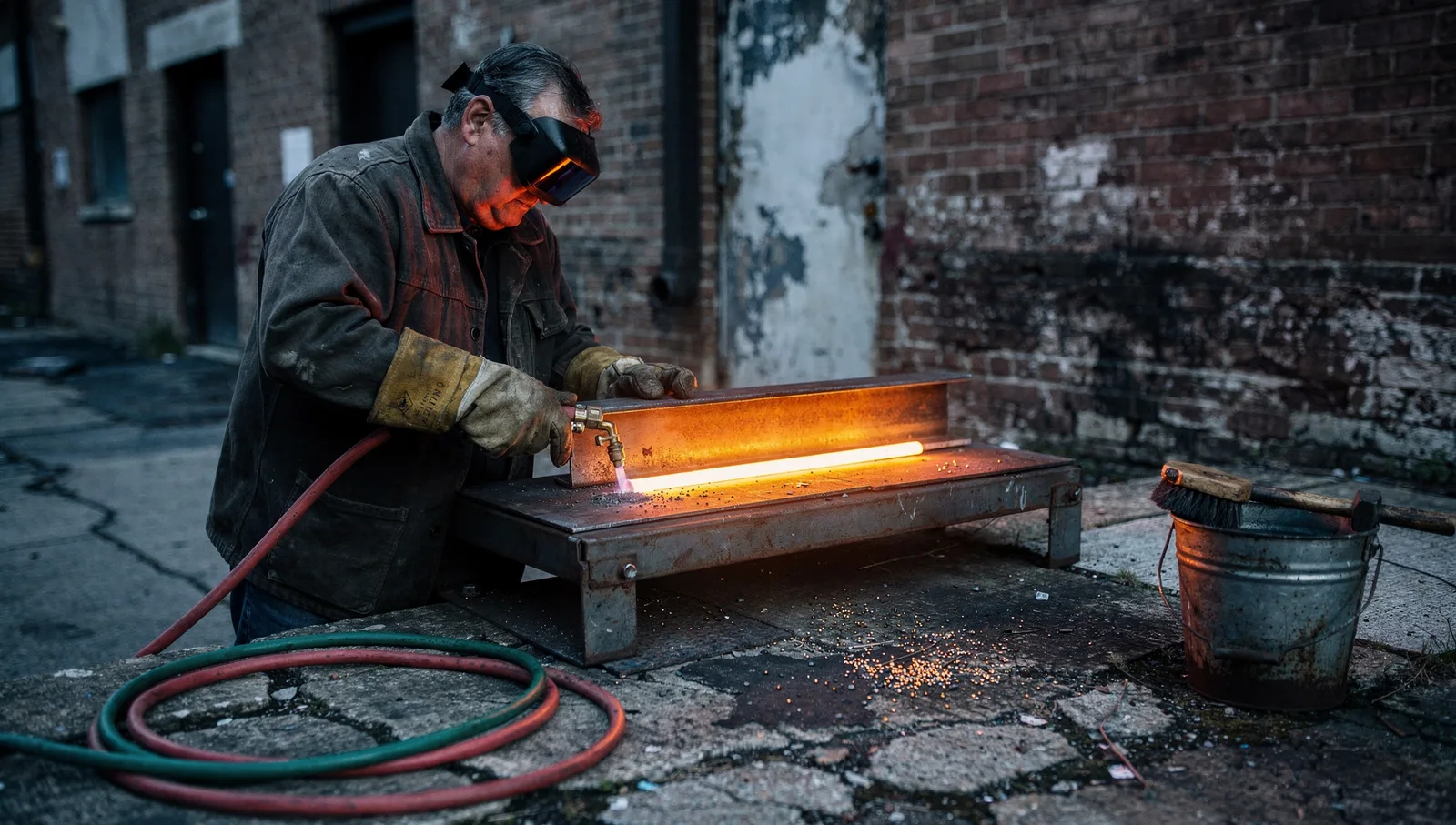A fabricator using an oxy-acetylene torch to heat-straighten a thick, glowing steel plate outdoors at dusk.