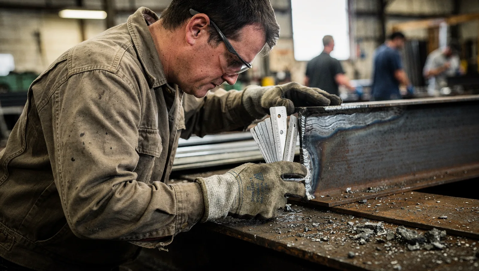A gloved welding inspector measuring a fresh fillet weld seam on a steel beam using a metal inspection gauge.
