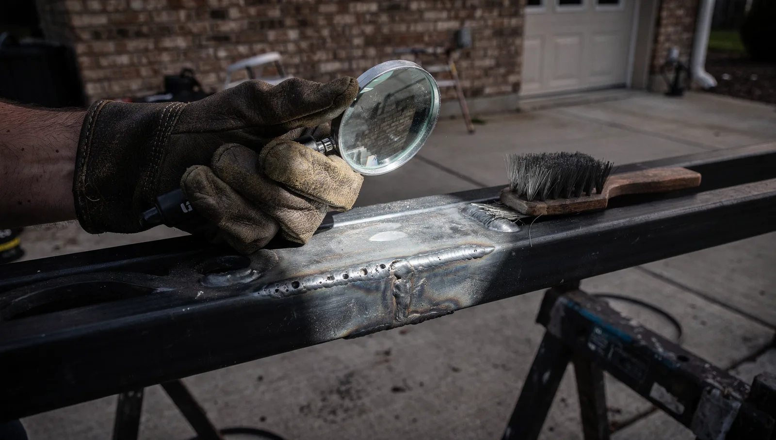 A gloved hand holds a magnifying glass over a weld seam on a black steel gate frame under a work lamp.