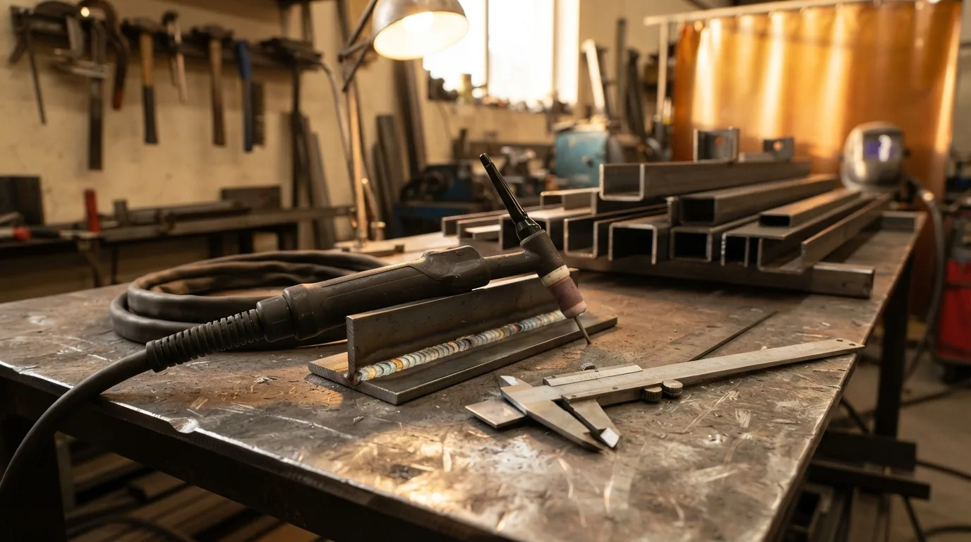TIG welding torch, calipers, and welded steel beams resting on a workbench in a metal fabrication workshop.