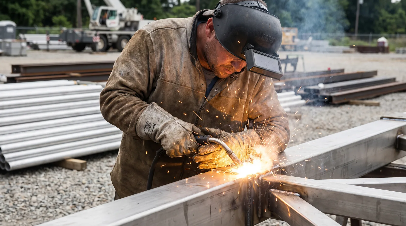 Welder in protective gear striking an arc on stainless steel framework outdoors, with golden sparks flying and