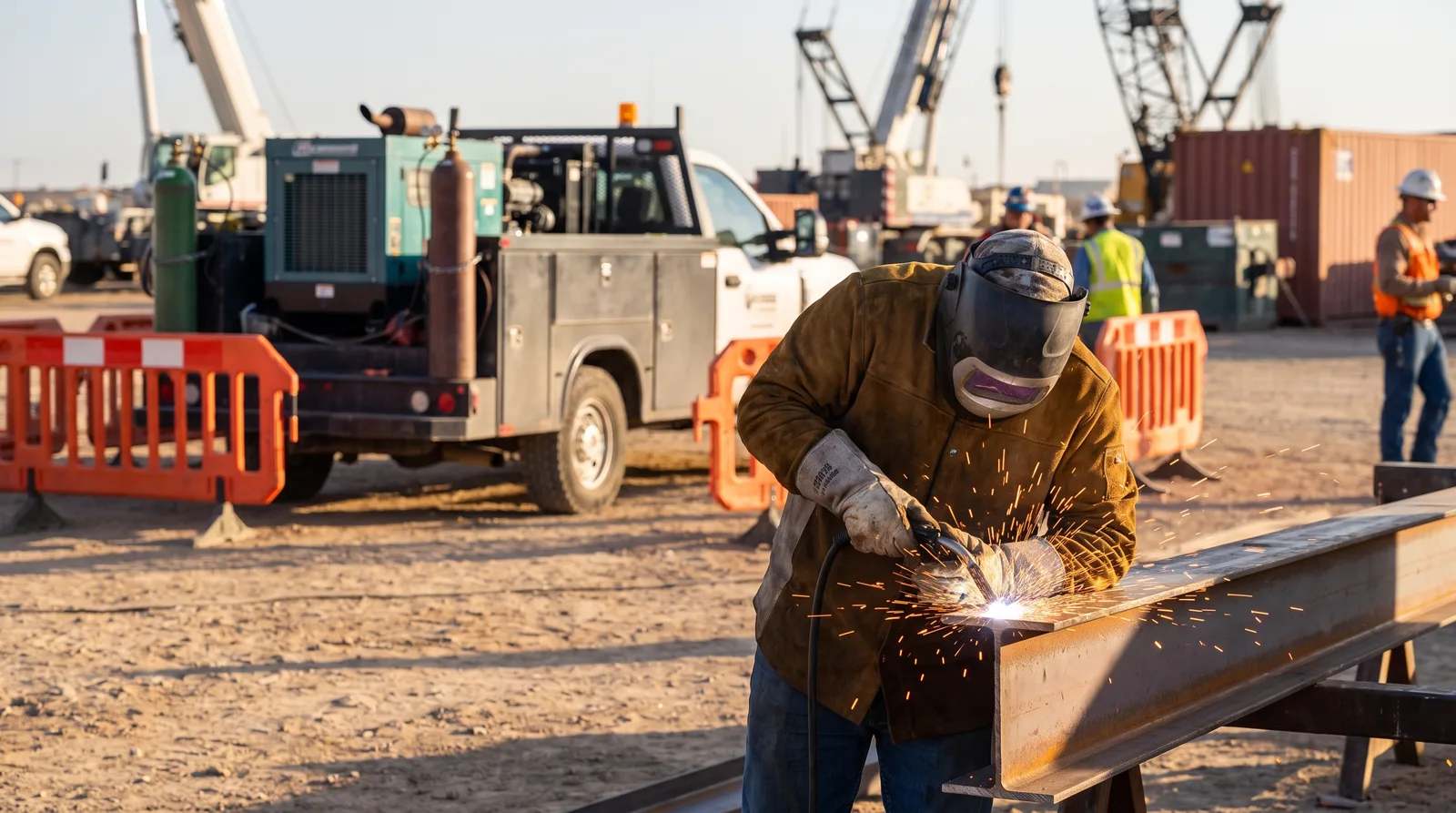 Mobile welding technician in protective gear welding large metal structure on industrial site with flying sparks and