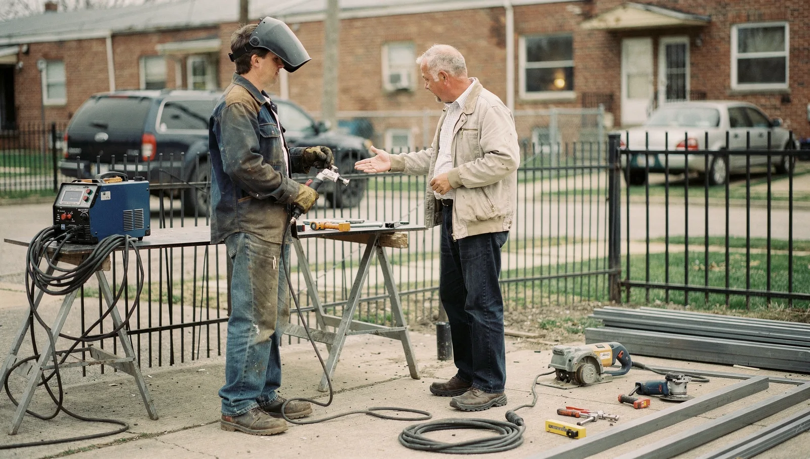 A professional welder and a client discuss a metal fabrication project inside a workshop surrounded by welding tools.