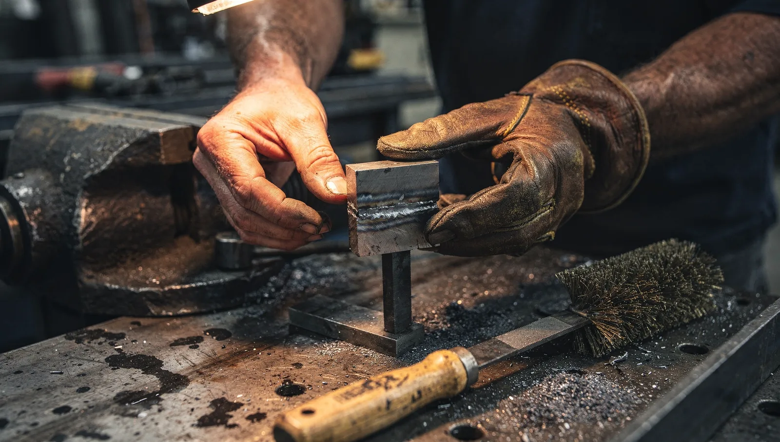 A fabricator inspecting an acid-etched cut steel weld cross-section showing an unfused root held in a workshop bench