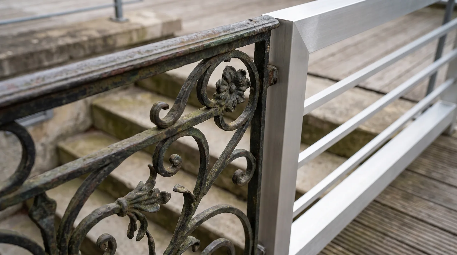 Close-up of ornate wrought iron railing with scrollwork and patina next to sleek aluminum railing with clean lines on
