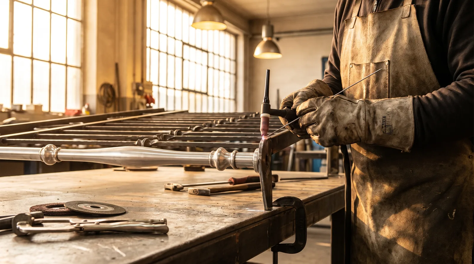 Metalworker assembling wrought iron and aluminum railing components in a bright workshop with welded metal pieces and